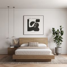 a bedroom with a bed, nightstands and potted plant on the floor in front of it