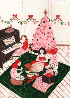 a painting of people sitting around a christmas tree with presents on the floor and a piano