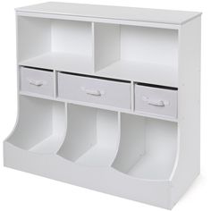 a white bookcase with three drawers and two bins