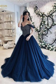 Luxury Navy Blue Tulle Off the Shoulder Prom Dresses,A-line Beading Evening Gown,SF0252 on Storenvy Navy Blue Ball Gown, Beaded Bodice Prom Dress, Prom Dresses Off The Shoulder, Blue Evening Dress, Navy Blue Prom Dresses, Gown Blue, Princess Prom Dresses, Blue Ball Gowns, Quinceanera Dresses Blue