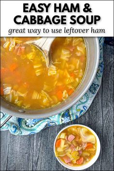 an easy ham and cabbage soup in a bowl with a spoon