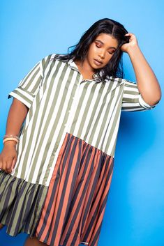 buxom couture curvy women plus size stripe shirt dress olive Striped Linen Dress, Shirt Mini Dress, Flowy Shirt, Leather Jacket Style, Striped Shirt Dress, Stripe Shirt, Cuffed Shorts, Bold Stripes, Mini Shirt Dress