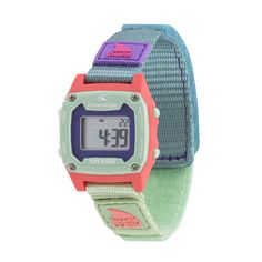 the timex kids'digital watch in blue and pink is displayed on a white background