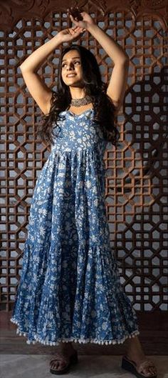 Blue color Gown in Cotton fabric with Printed work Blue Color Gown, Party Wear Gown, Anarkali, Blue Fashion, Party Wear, Cotton Fabric, Blue Color, Fabric, How To Wear