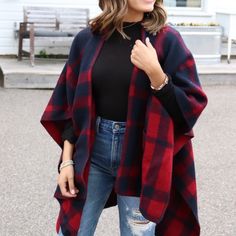 Red And Navy Plaid Poncho 100% Acrylic Price Firm Plaid Winter Poncho, Winter Plaid Poncho, Red One-size Poncho Cape, Red Long Sleeve Poncho, One Size, Red One-size Cape Poncho, Red One Size Cape Poncho, Red Shawl Outerwear For Winter, Red Cape For Fall Outerwear, Red Winter Cape One Size