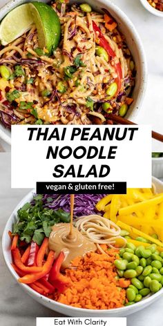 thai noodle salad with text overlay that reads, thai peanut noodle salad vegan & gluten free