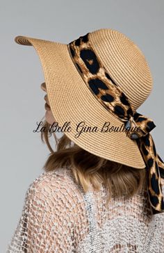 Tropical print Bow Sun Hat - La Belle Gina Boutique Summer Leopard Print Adjustable Hat, Summer Leopard Print Hats With Adjustable Fit, Summer Adjustable Leopard Print Hats, Casual Leopard Print Summer Hat, Adjustable Brimmed Hat In Leopard Print, Adjustable Leopard Print Hat With Curved Brim, Unisex Outfits, Unisex Clothes, Straw Sun Hat