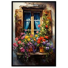 an oil painting of flowers on a window sill