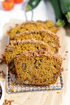 slices of pumpkin bread on a cooling rack