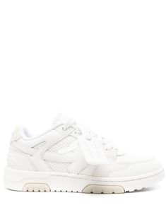 off-white recycled polyester blend faux leather multi-panel design logo patch at the tongue logo patch to the side branded heel counter front lace-up fastening round toe branded insole chunky rubber sole Off White Out Of Office, Office Sneakers, Out Of Office, Upcycled Materials, Brown Sneakers, Iconic Bags, Latest Sneakers, Chunky Sneakers, Flat Boots