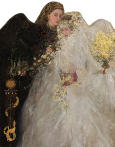 a painting of two women dressed in wedding gowns and holding bouquets of flowers