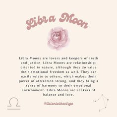 a pink rose with the words libra moon above it