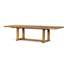 a wooden table with two legs and a long rectangular top, on a white background