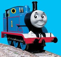 a thomas the tank engine train is shown in front of a blue background with white and red stripes