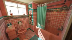 a bathroom with pink and green tiles on the walls