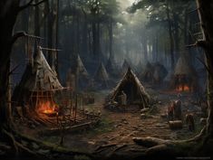 an artist's rendering of a native american village in the woods with fire and logs