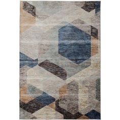 an area rug with various shapes and colors on the floor, including blue, beige, brown