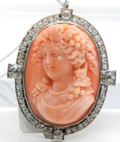 1.80ct Mine Cut Diamond Platinum/18K Gold Bacchante Cameo Pink Coral Pin Pendant | eBay Luxury Cameo Pendant Jewelry, Luxury Cameo Medallion Jewelry, Luxury Carved Necklaces, Luxury Oval Cameo Necklace, Exquisite Cameo Jewelry For Formal Occasions, Luxury Cameo Jewelry, Luxury White Gold Cameo Jewelry, Collectible Art Deco Cameo Jewelry, Art Deco Cameo Jewelry As A Gift