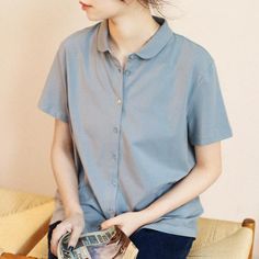 Gray Collared T-shirt For Summer, Plain Gray Shirt For Summer, Plain Gray Summer Shirt, Summer Button-up T-shirt, Gray Plain Shirt For Summer, Gray Short Sleeve Cotton Blouse, Gray Cotton Short Sleeve Blouse, Gray Cotton Blouse For Summer, Gray Summer Workwear Blouse