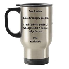 a stainless steel travel mug with the words dear mom on it, and an image of a