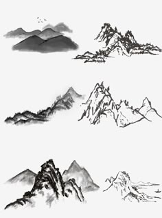 four mountains are shown in black and white