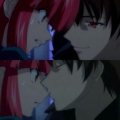 two anime characters with red hair looking at each other