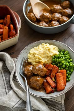 meatballs, mashed potatoes and carrots in a bowl