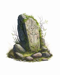 a rock with a cross on it surrounded by grass and rocks