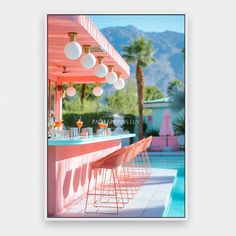 an outdoor bar with pink chairs next to a pool and mountains in the background, surrounded by palm trees