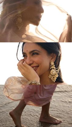 a woman is smiling and posing for the camera with her veil blowing in the wind