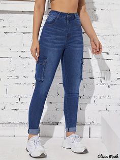 Olivia Mark - Blue Flap Pockets Straight Jeans, High-Stretch Cargo Denim Pants, Y2K & Kpop Style, Women's Denim Jeans & Clothing Cargo Denim Pants, Women's Denim Jeans, Pants Y2k, Kpop Style, Pocket Pattern, Women Denim Jeans, Olivia Mark, Jean Outfits, Flap Pocket