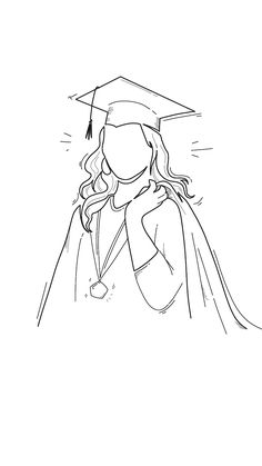 a black and white line drawing of a girl in graduation gown holding her cap over her shoulder