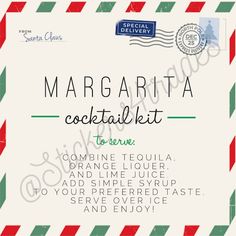 an envelope with the words margarita rita cocktail kit written in green, red and white