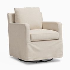 a white chair with a beige upholstered back and foot rests on a black metal base