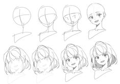 the head and shoulders of an anime character with different facial expressions, all drawn in one point