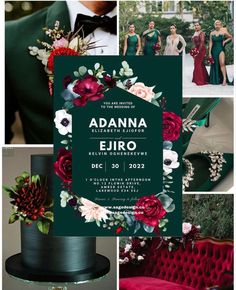 a collage of photos with flowers and greenery in the center, including an emerald green wedding color scheme