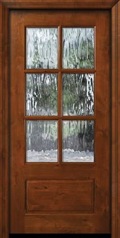 a wooden door with glass on the front and side panels, showing trees reflected in it