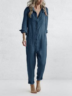 Button Up Casual Lapel Pocket Long Sleeve Jumpsuit Designer Overalls, Chique Outfit, Trendy Jumpsuit, Women Jumpsuit, Loose Jumpsuit, Designer Jumpsuits, Jumpsuit Elegant, Kehlani, Cotton Jumpsuit