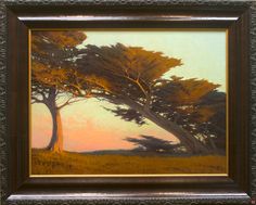 an oil painting of two trees in the sunset