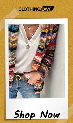 Women's Rainbow Striped Sweater Pocket Design Knit Cardigan Rainbow Cardigan, Winter Knit Sweater, Loose Coats, Rainbow Sweater, Soft Jacket, Sweater Oversize, Winter Cardigan, Korean Casual, Estilo Chic