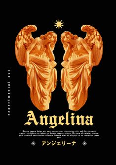 an image of two angels with the word angelina written in english and japanese on it