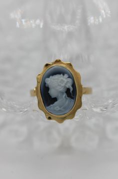 This natural hand carved Blue Agate Cameo Ring in 14k Gold is set in a stunning 14k vintage yellow gold setting. Size: 7.5Condition: Great, stone is flawlessStone: Blue Agate CameoMetal: 14k Yellow GoldDimensions: 17mm x 13mm **please note: all vintage jewelry is sold as is- no returns or exchanges** Cameo Ring, Yellow Gold Setting, Blue Agate, Vintage Yellow, Hand Carved, Agate, Vintage Jewelry, Yellow Gold, Carving