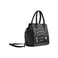 * 24.27 Oz. Designed for fashion women and girls, stylish and personalized. * Made from high-grade PU leather. * Lined interior features backwall zippered, large capacity. * Double handles, removable and adjustable PU leather shoulder strap. * Single zippered top closure. Dimensions: 11.22"(L) x 4.72"(W) x 9.84"(H) Gothic Crossbody Travel Bag, Gothic Shoulder Bag Satchel For Travel, Gothic Style Travel Satchel Shoulder Bag, Gothic Shoulder Bag For Travel, Black Gothic Tote Bag, Gothic Black Satchel, Halloween Satchel Bags, Black Rectangular Bag For Halloween, Gothic Rectangular Shoulder Bag For Travel