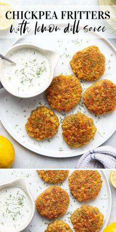 chicken patties with lemon dill sauce on a white plate