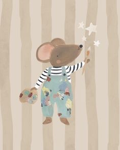 a painting of a mouse in overalls holding paintbrushes and star shaped stars