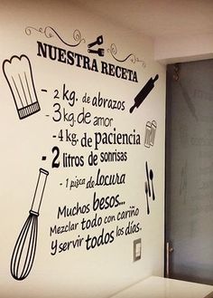 a kitchen wall with the words written in spanish