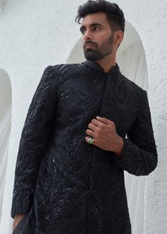 Embroidered sherwani angrakha set. Black Angrakha, Matching Lehenga, Black Sherwani, Mahima Mahajan, Kurta And Pants, Embroidered Sherwani, Vacuum Storage, Indian Wedding Wear, Tarun Tahiliani