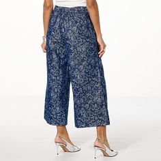 Elevate your wardrobe with the MarlaWynne WynneCollection Metallic Denim Jacquard Pant. This piece redefines elegance with its unique wide-leg design and captivating metallic denim finish.

- Size: 2X
- Color: Indigo Jacquard
- Material: Metallic Denim Jacquard
- Gender: Female
- Age Group: Adult

These pants are perfect for those looking to break away from the conventional skinny silhouette. The jacquard print adds a touch of sophistication, making them ideal for pairing with the matching jacke Elegant Jacquard Bottoms For Spring, Spring Chic Jacquard Bottoms, Chic Spring Jacquard Bottoms, Chic Jacquard Bottoms For Spring, Elegant Wide-leg Denim Bottoms, Elegant Summer Denim Pants, Metallic Denim, Everyday Elegance, Leg Design