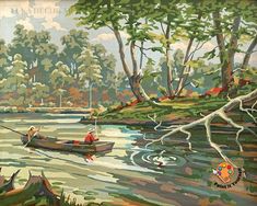 a painting of two people in a boat on a river with trees and water behind them