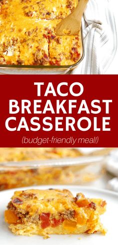 taco breakfast casserole on a plate with a wooden spoon